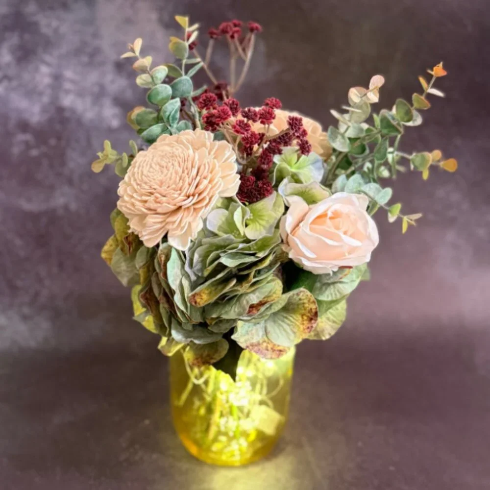 Farmhouse Wood Floral Arrangement in Mason Jar w/ LED Lights – Home Décor